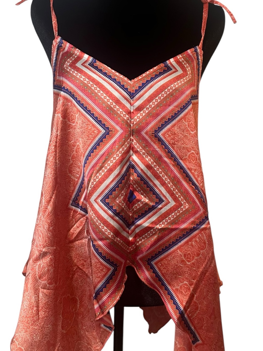 love, Fire Coral Geo-Print Handkerchief Hem Cami Top
